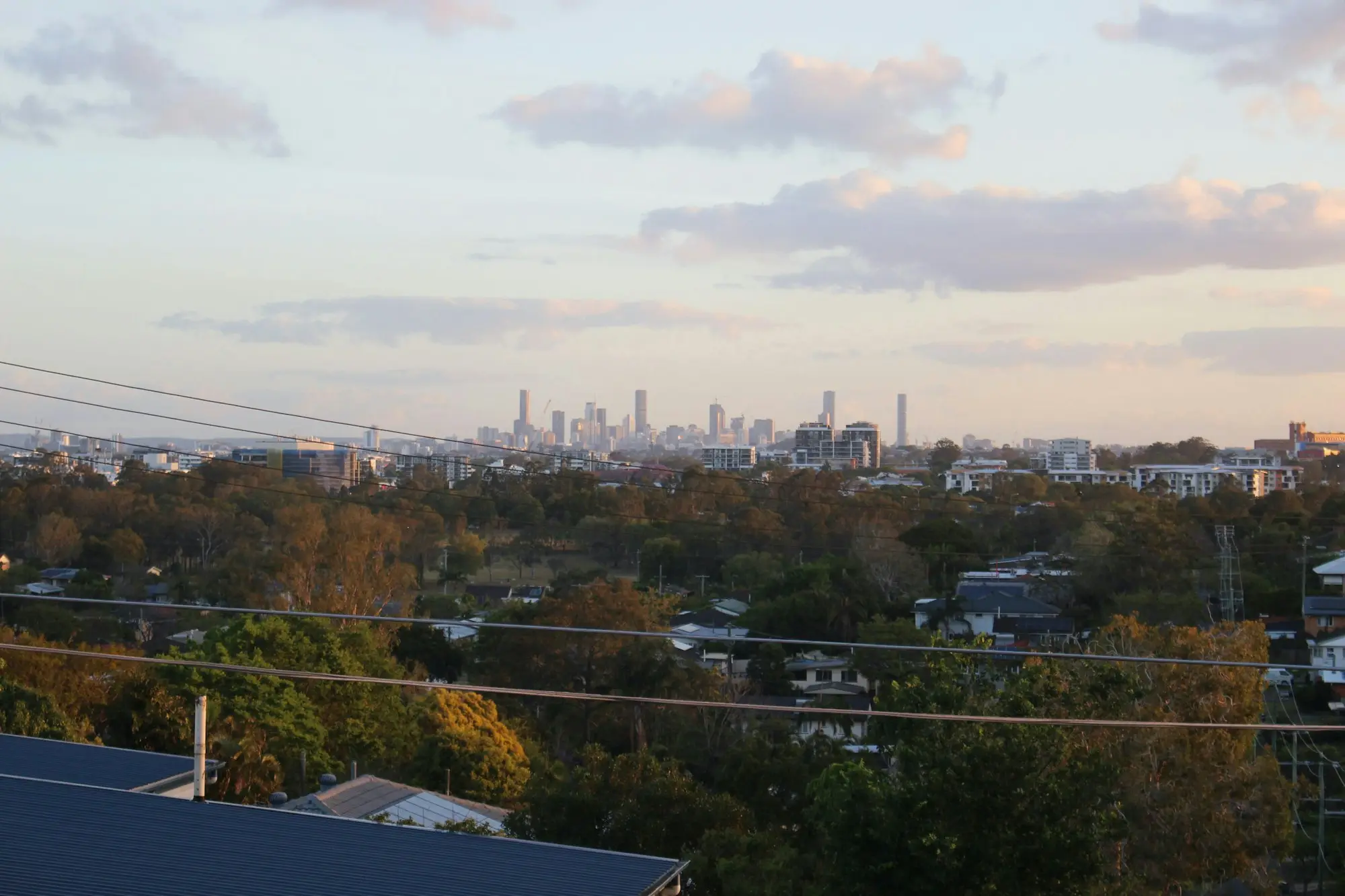 Leafy Brisbane suburbs with the city skyline in the distance